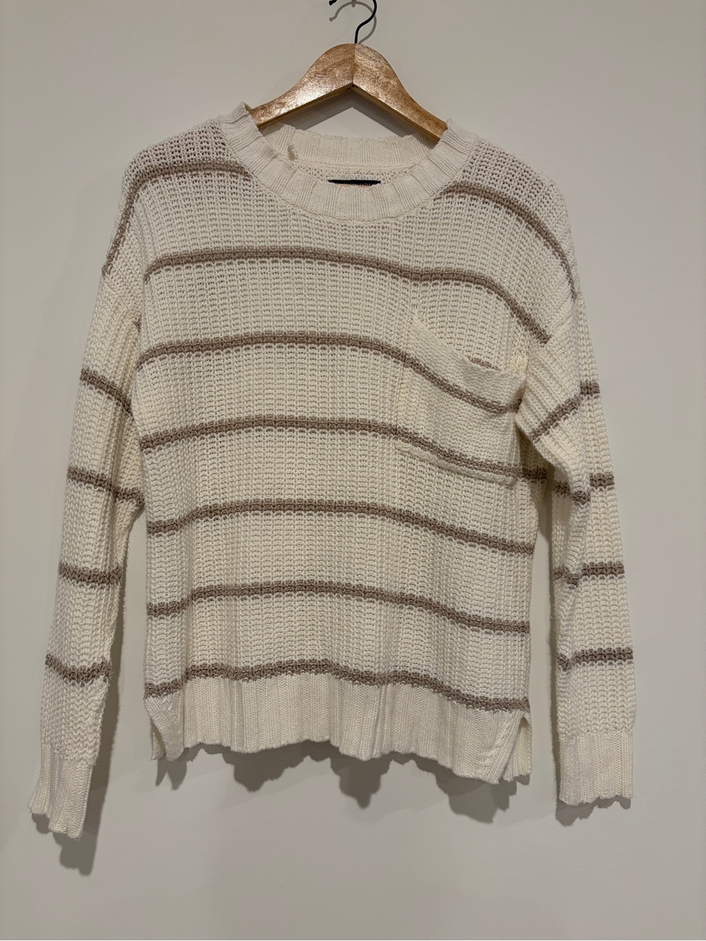 American Eagle Extra Small XS Cream Tan Striped Cable Knit Crewneck Sweater